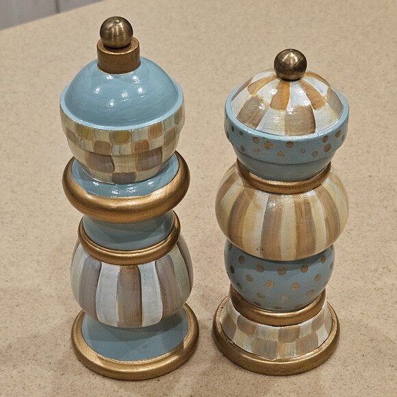 RARE RETIRED SET MACKENZIE CHILDS PARCHMENT CHECK WOOD SALT PEPPER MILL GRINDER - Picture 1 of 9